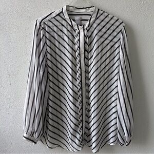 Chico Black & White Stripe Button Up Blouse Size 16/18 Billowy Sleeves Ruffle